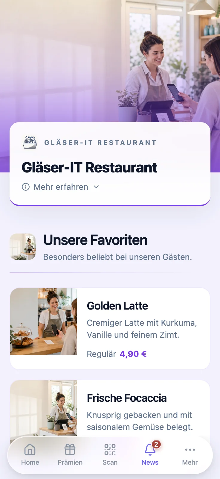 Produktkarte mit Kategorien und Preisen