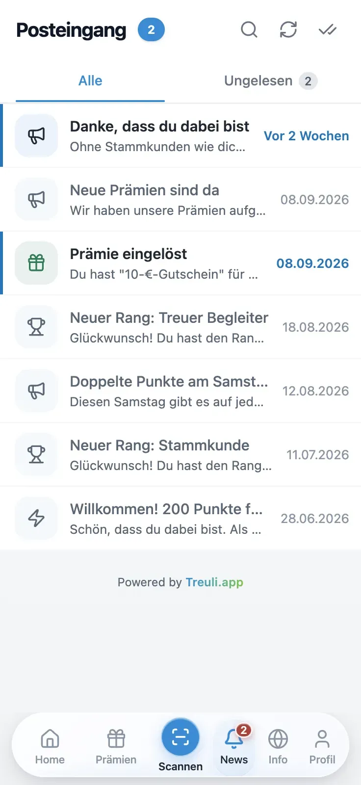 Nachrichten an Kunden in der Treuli-App