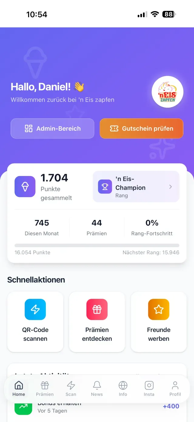 Kunden-Dashboard der Treuli App