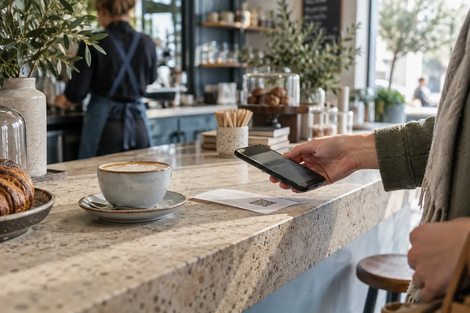 Café-Theke mit Kaffee, Kassenbon und Smartphone