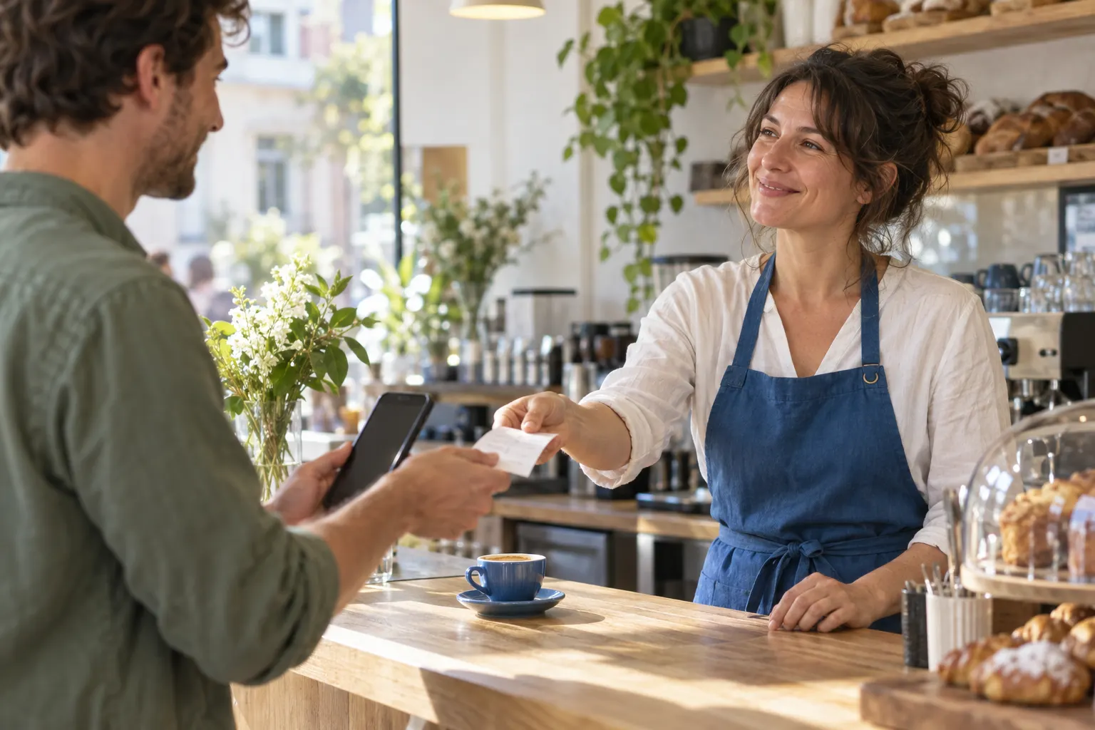 Café-Inhaberin reicht einem Kunden den Kassenbon, er hält sein Handy zum Scannen bereit