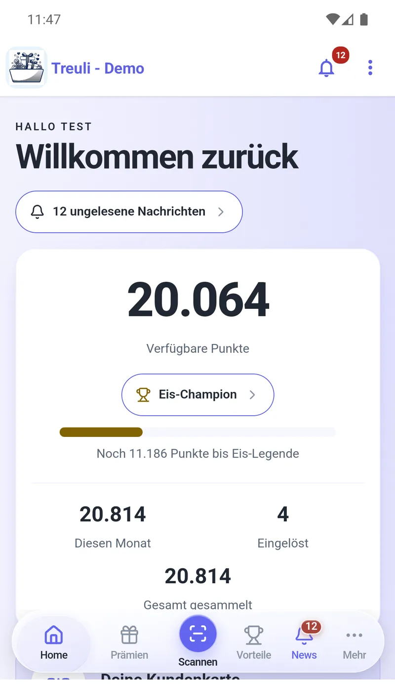 Die Treuli-App auf einem Android-Handy: die Startseite mit dem aktuellen Punktestand