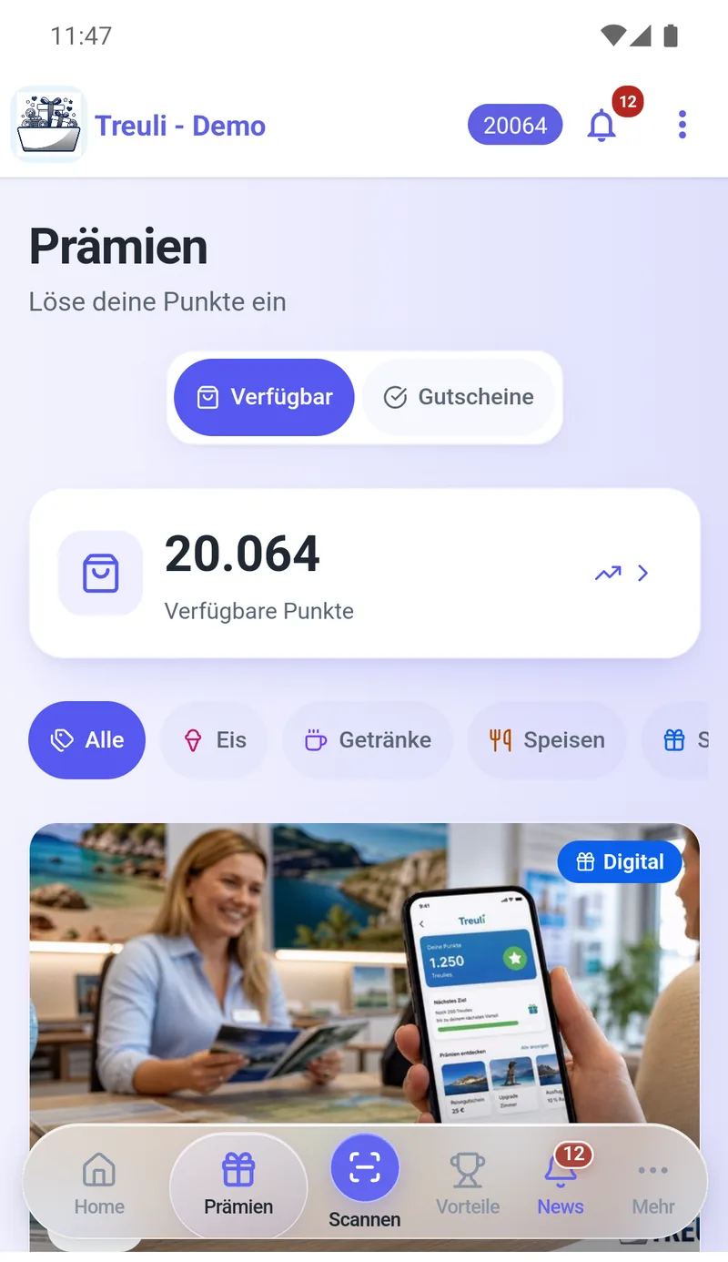 Die Treuli-App auf einem Android-Handy: die Liste der verfügbaren Prämien