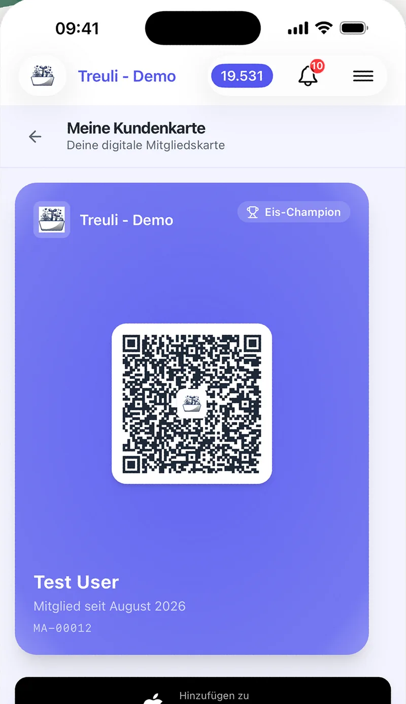 Die Treuli-App auf einem iPhone: die Kundenkarte mit QR-Code und dem Knopf für Apple Wallet