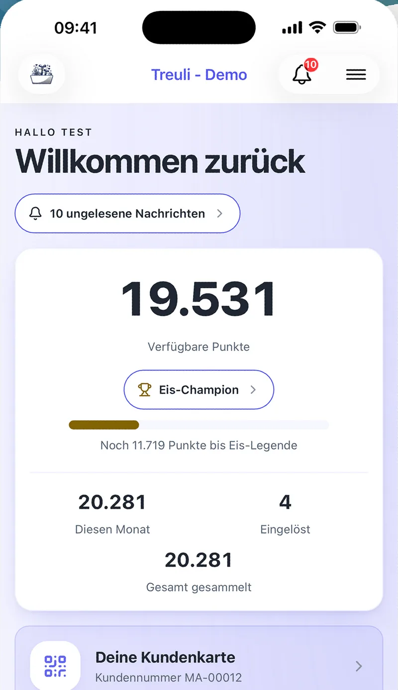 Die Treuli-App auf einem iPhone: die Startseite mit Punktestand und Rang