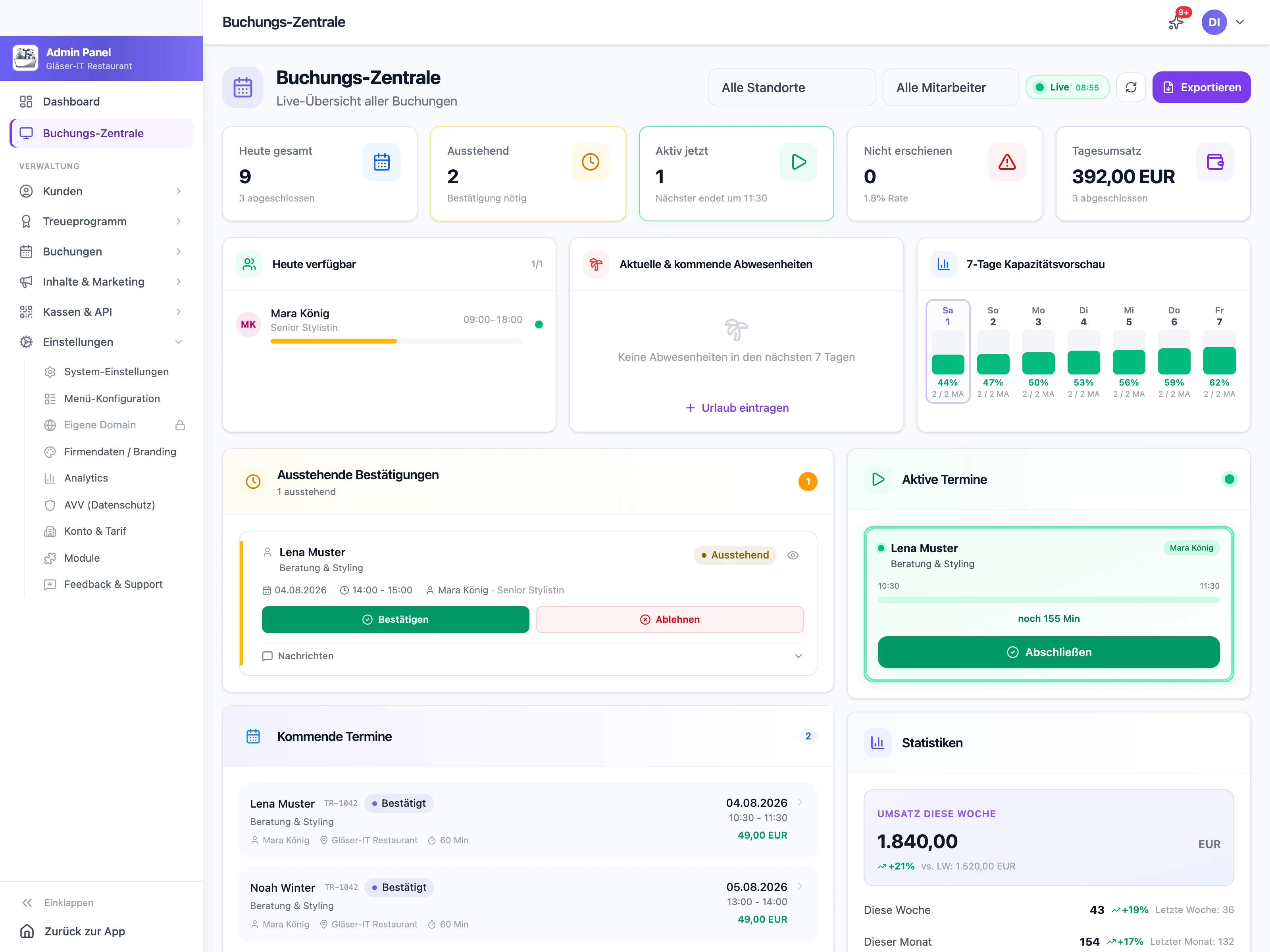 Buchungs-Zentrale im Admin-Dashboard mit Kapazitätsübersicht und Terminverwaltung