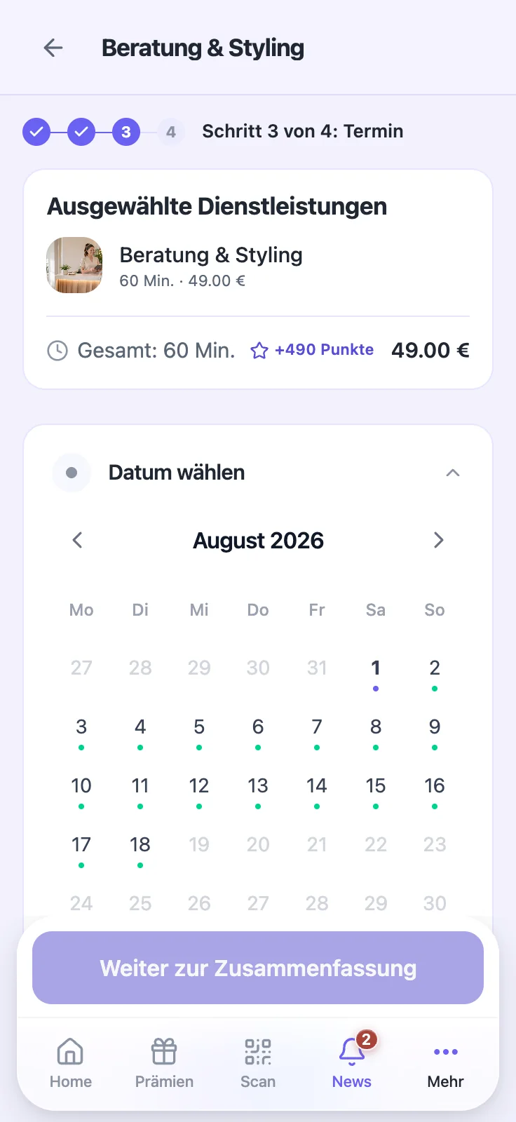 Kalenderansicht zur Terminauswahl