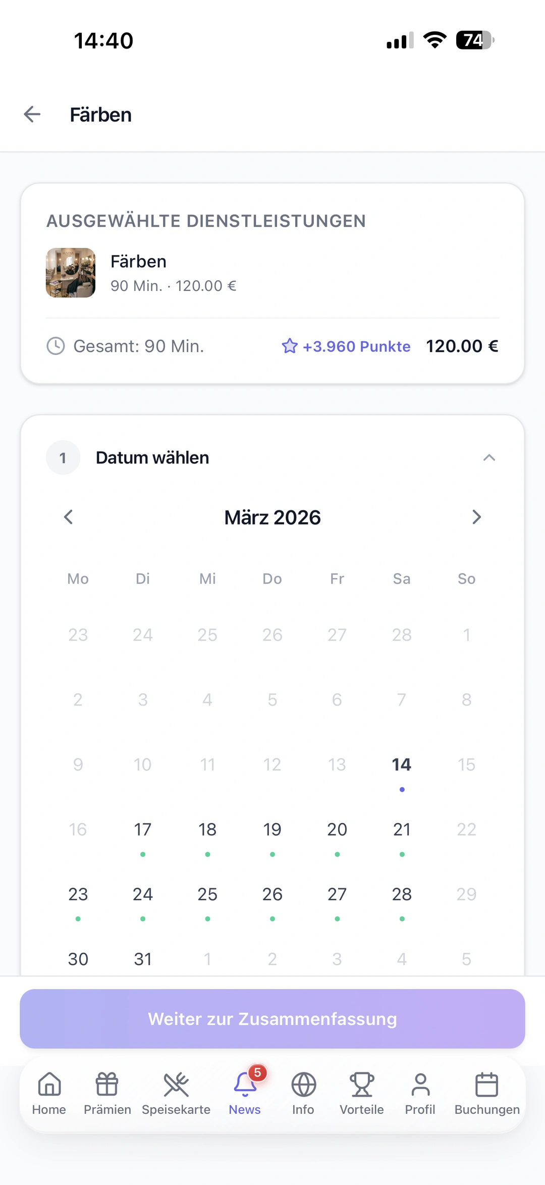 Vista de calendario para selección de cita