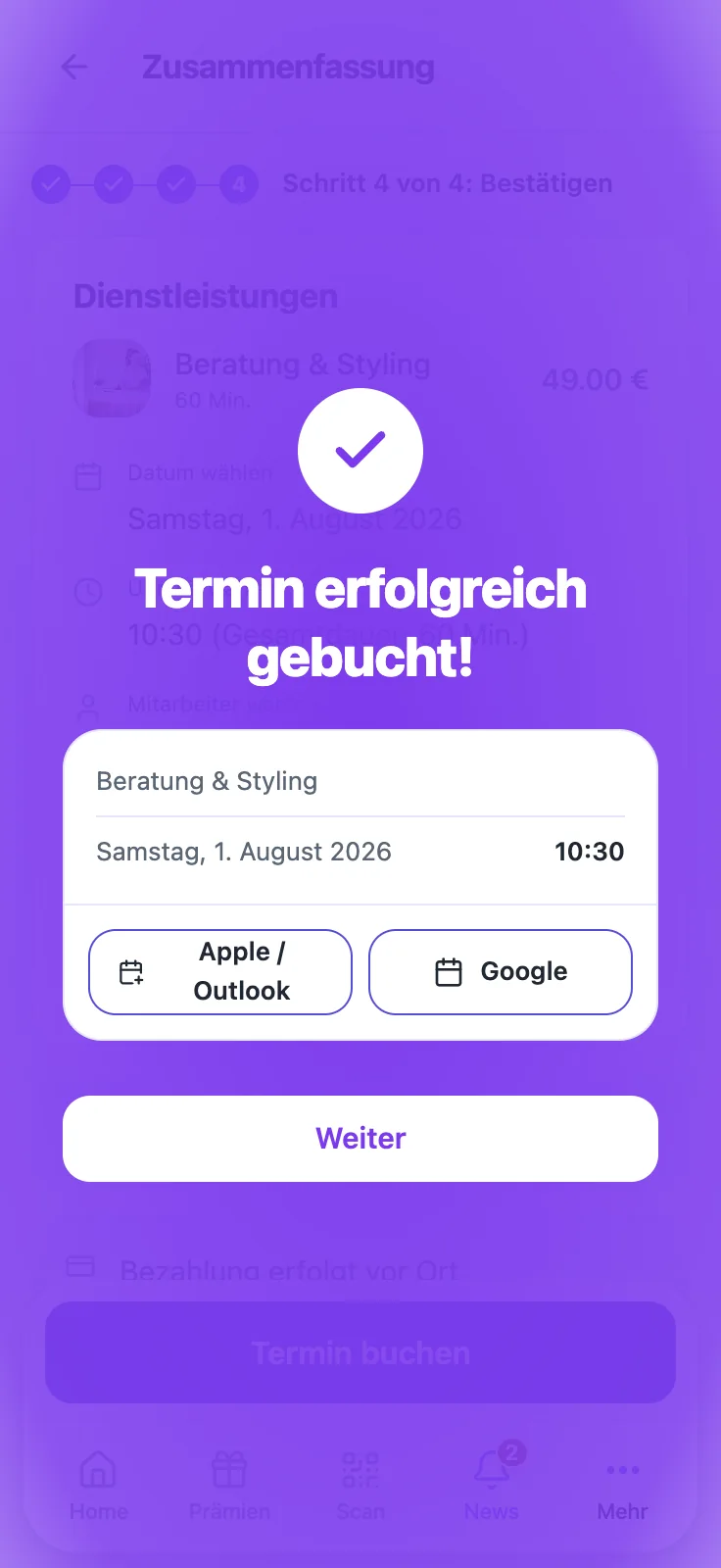 Buchungsbestätigung nach erfolgreicher Terminbuchung