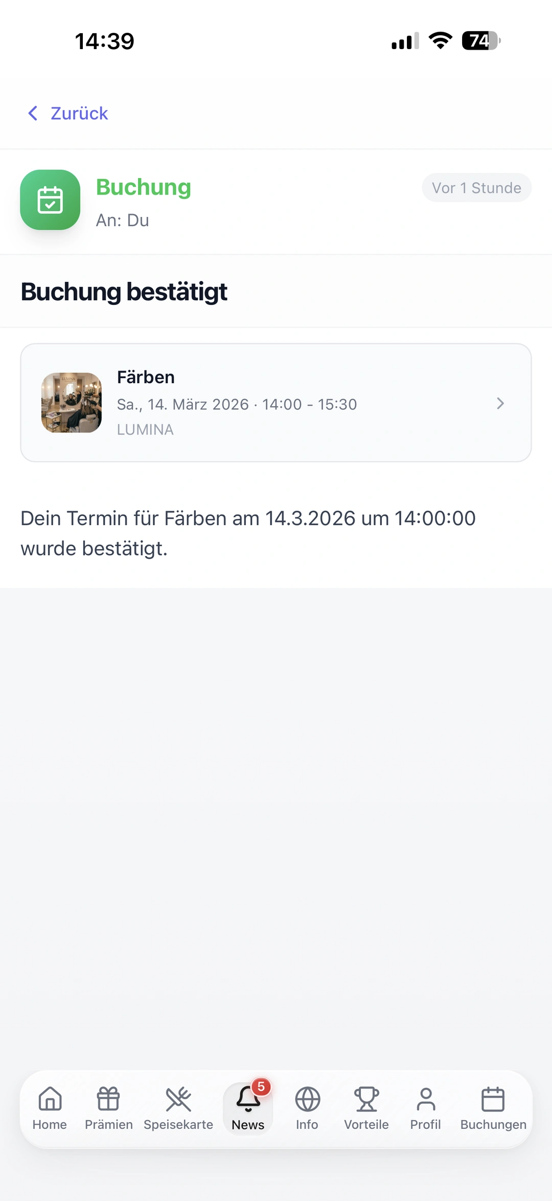 Confirmación de reserva tras la cita exitosa