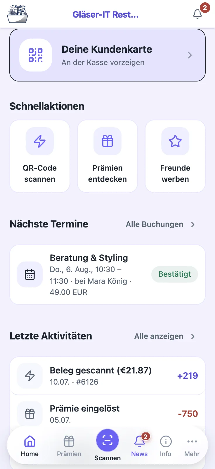 Kunden-Dashboard mit anstehenden Terminen in der Treuli App