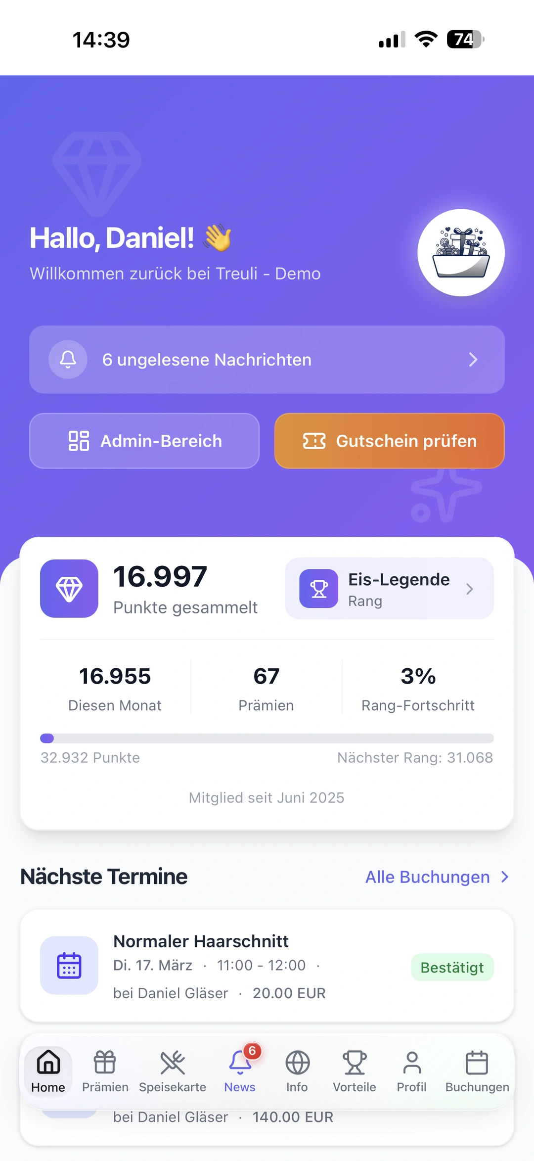 Panel del cliente con próximas citas en la app Treuli
