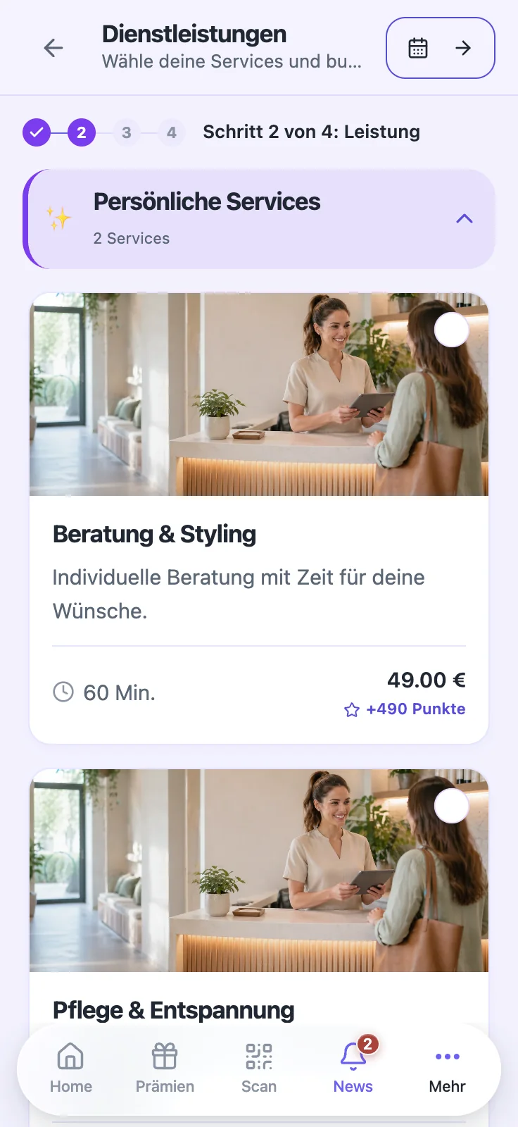 Dienstleistungsauswahl mit Preisen und Bonuspunkten