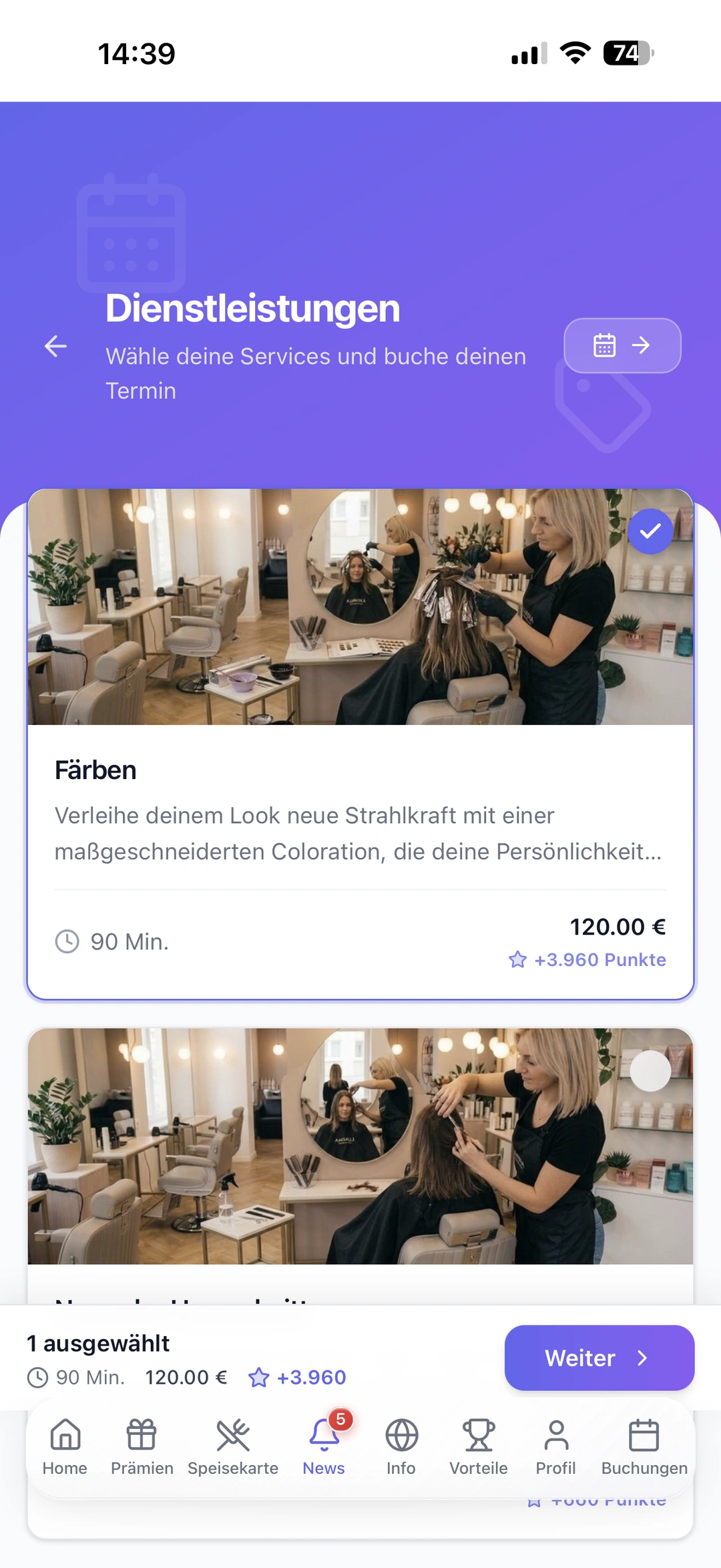 Selección de servicios con precios y puntos bonus