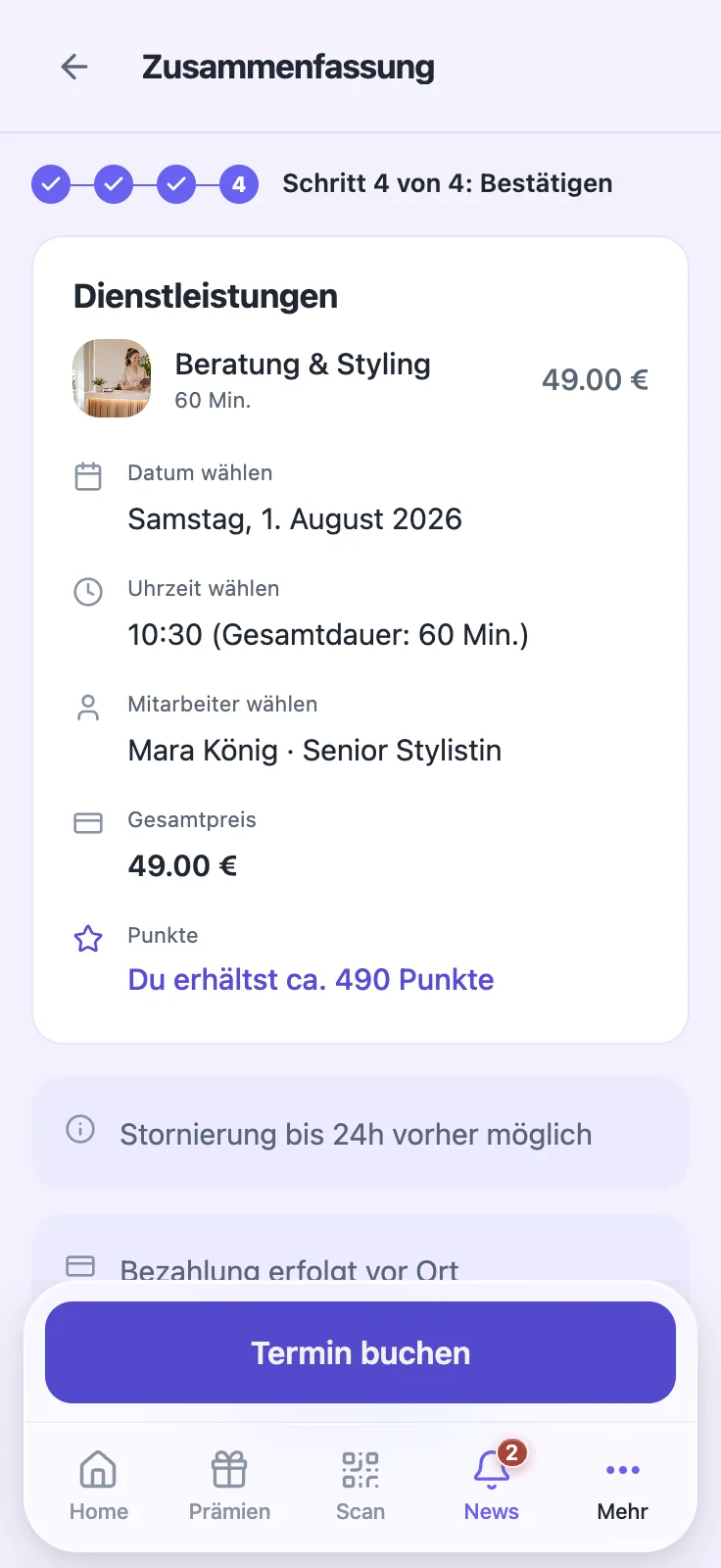 Buchungszusammenfassung vor der Bestätigung