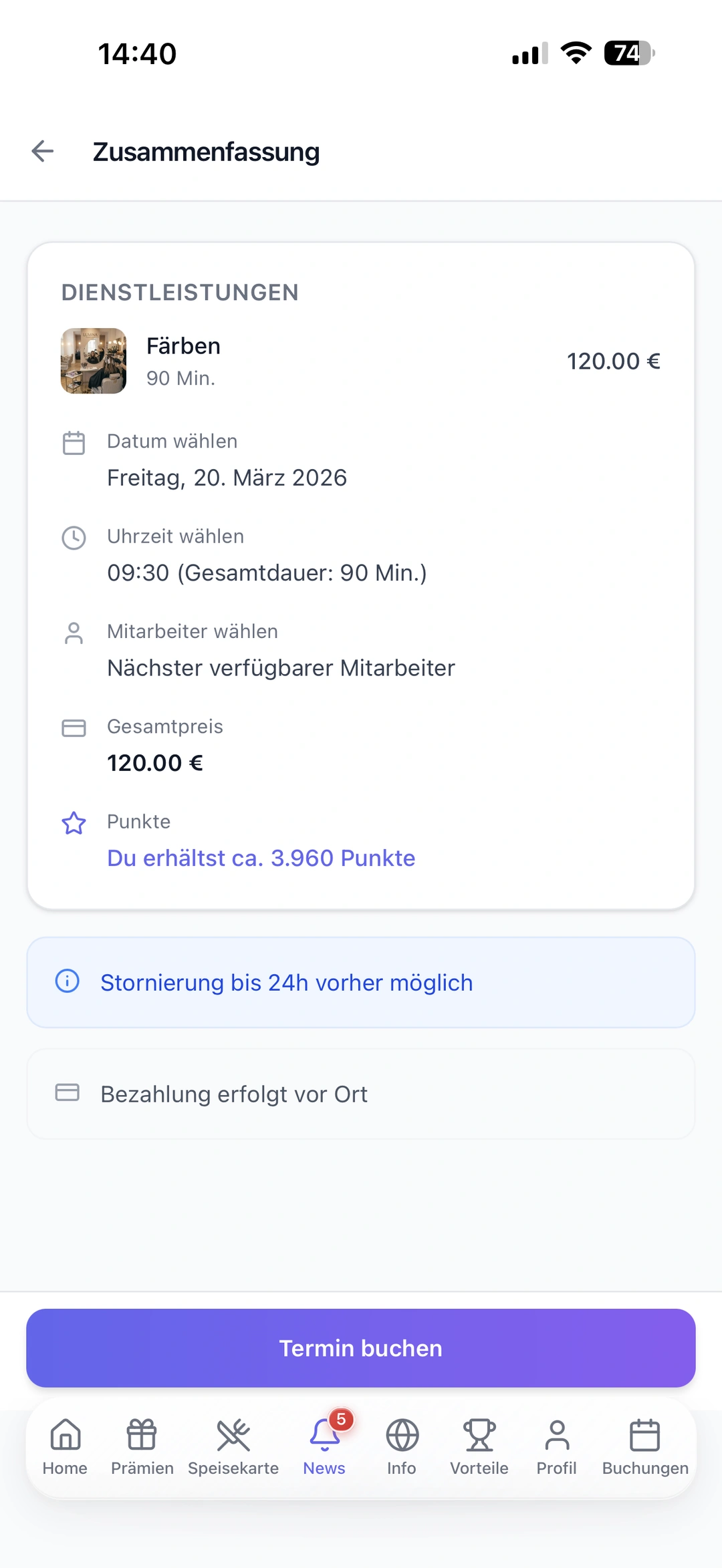 Resumen de reserva antes de la confirmación