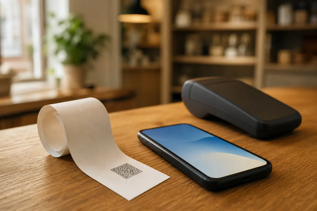 Till receipt with a QR code, a smartphone and a card terminal on a shop counter